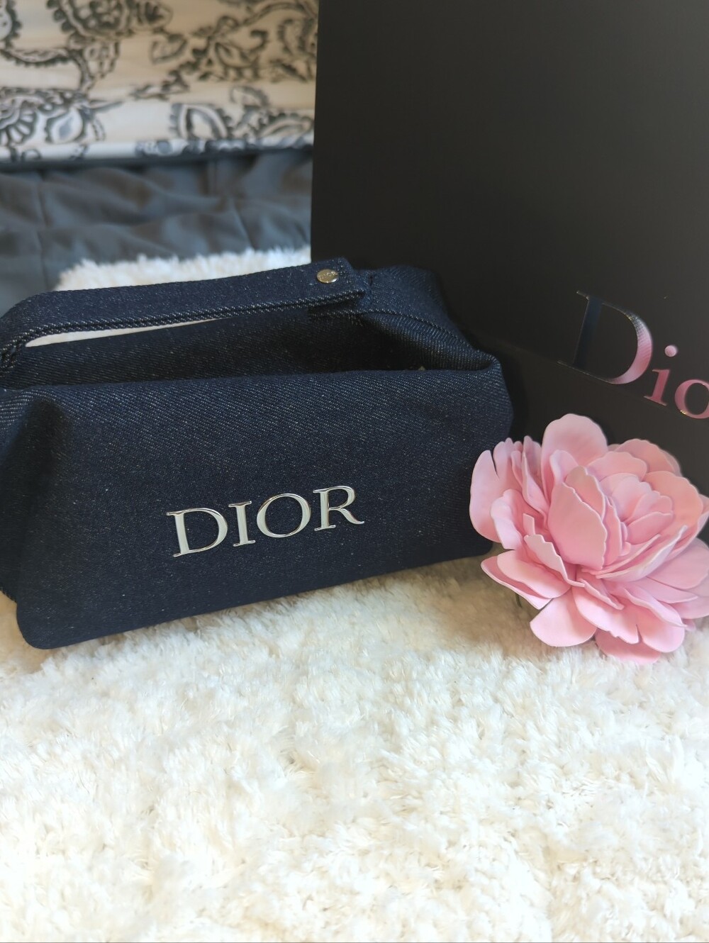 Dior Denim Silver Logo Pouch in Navy Top Handle Bag Fits Phone New In White Box